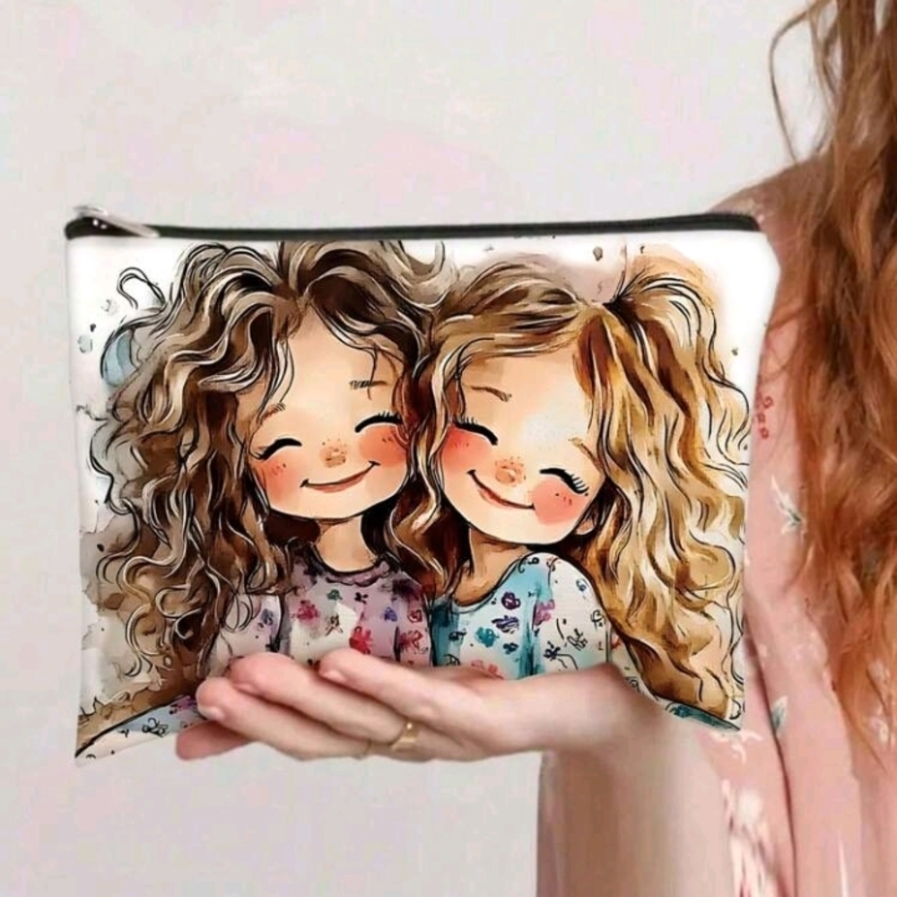 Kawaii Twin Girls Print White Zipper Purse Pouch